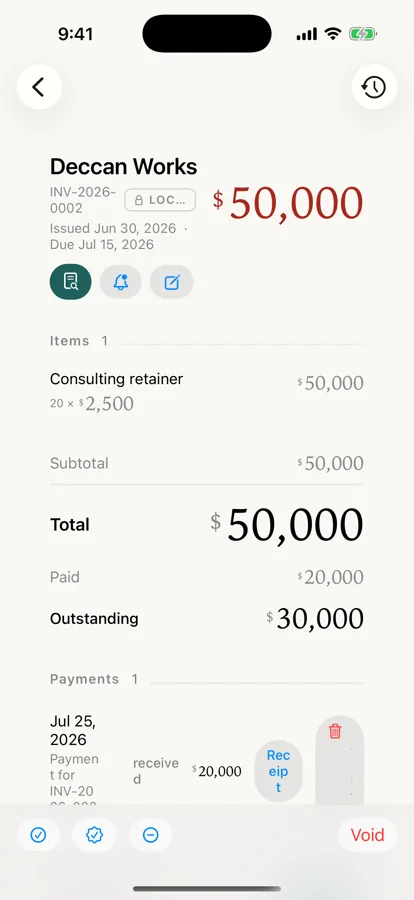The invoice editor: a customer, line items, totals, and the payments recorded against it.