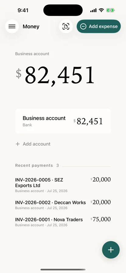 The Money screen showing the business account balance above recently received payments.