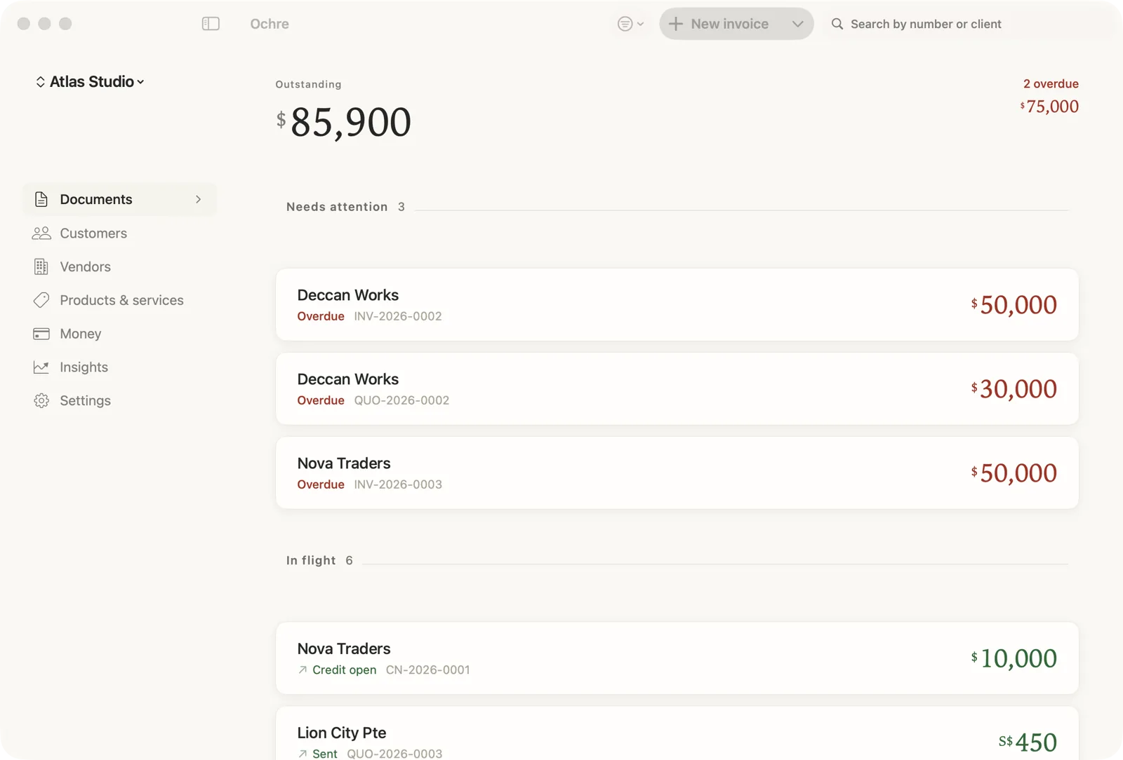 Ochre showing the outstanding total set large above a list of invoices grouped by what needs attention.